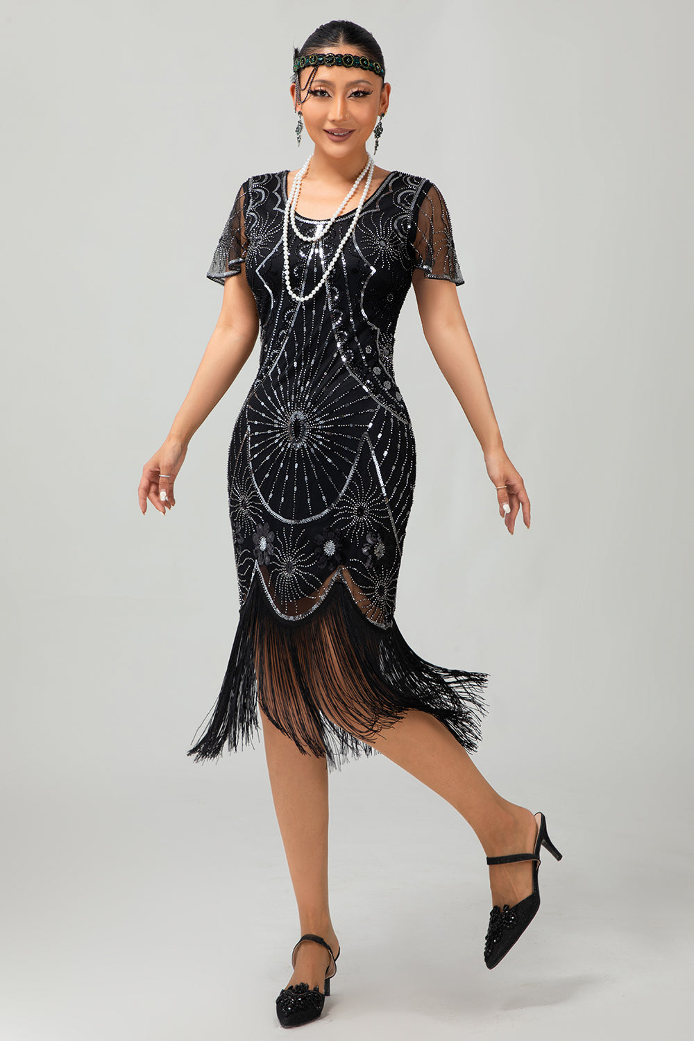 Sparkly Beaded Black Golden Fringed Bodycon Gatsby Midi 1920s Dress