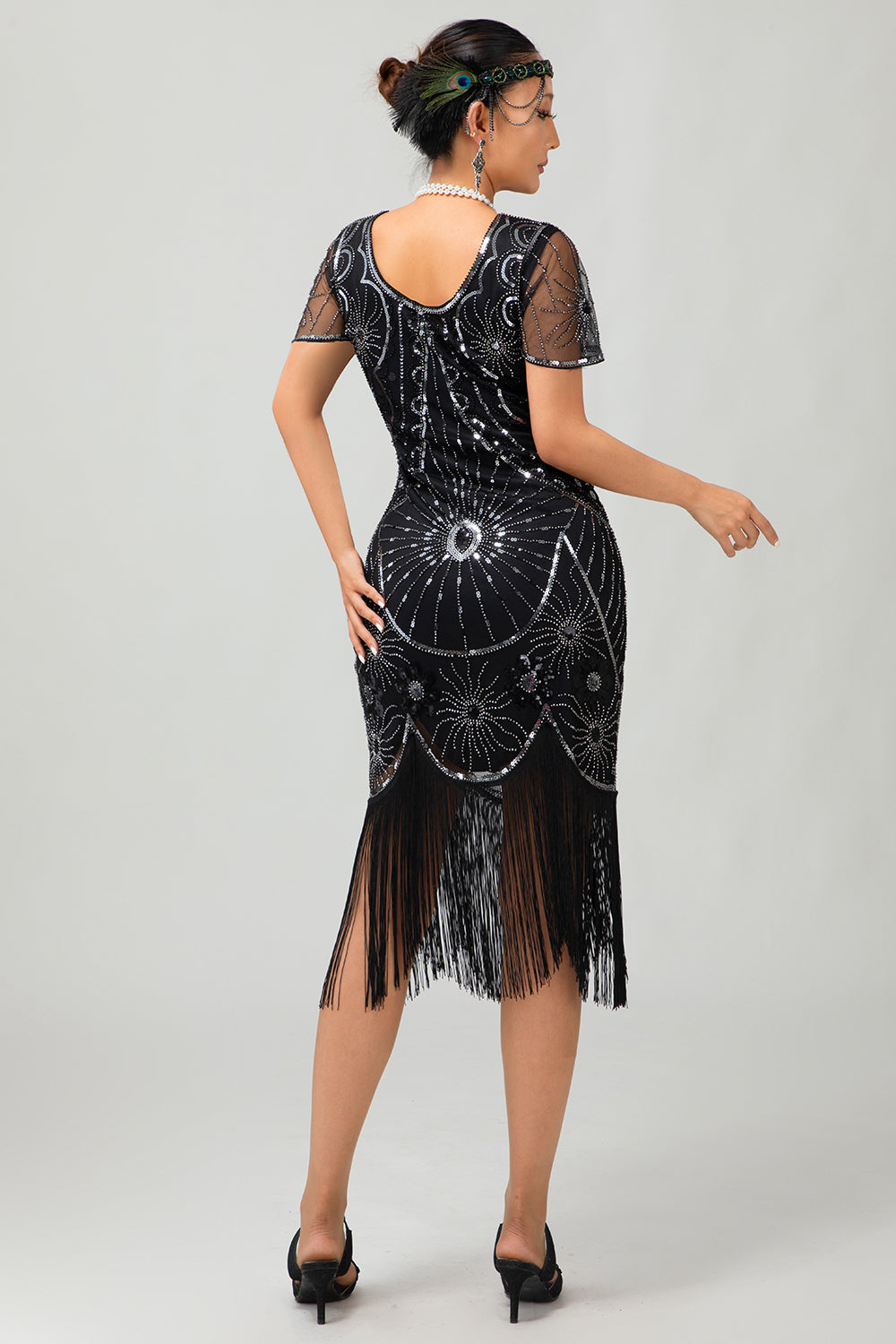 Sparkly Beaded Black Golden Fringed Bodycon Gatsby Midi 1920s Dress