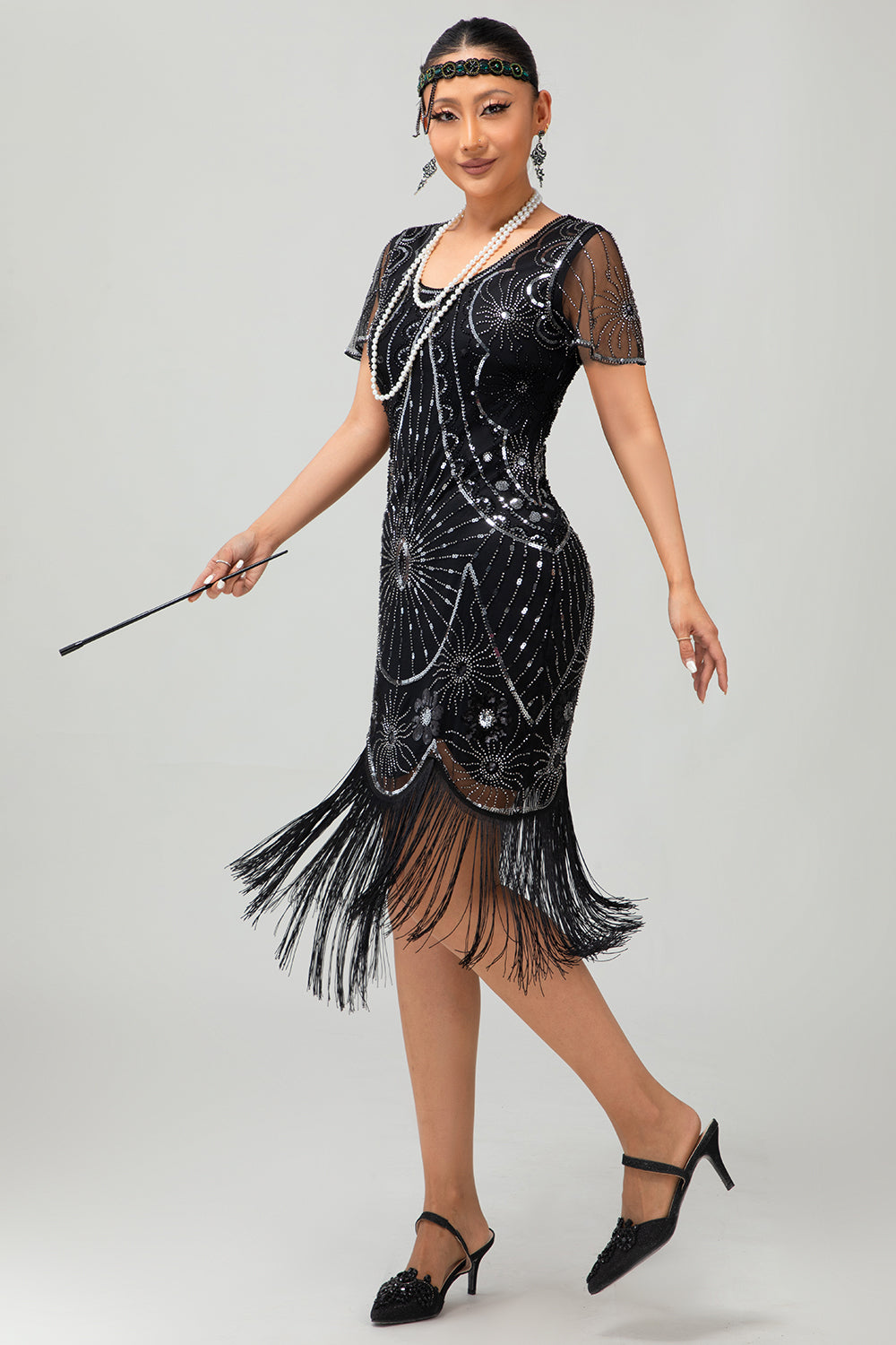 Sparkly Beaded Black Golden Fringed Bodycon Gatsby Midi 1920s Dress