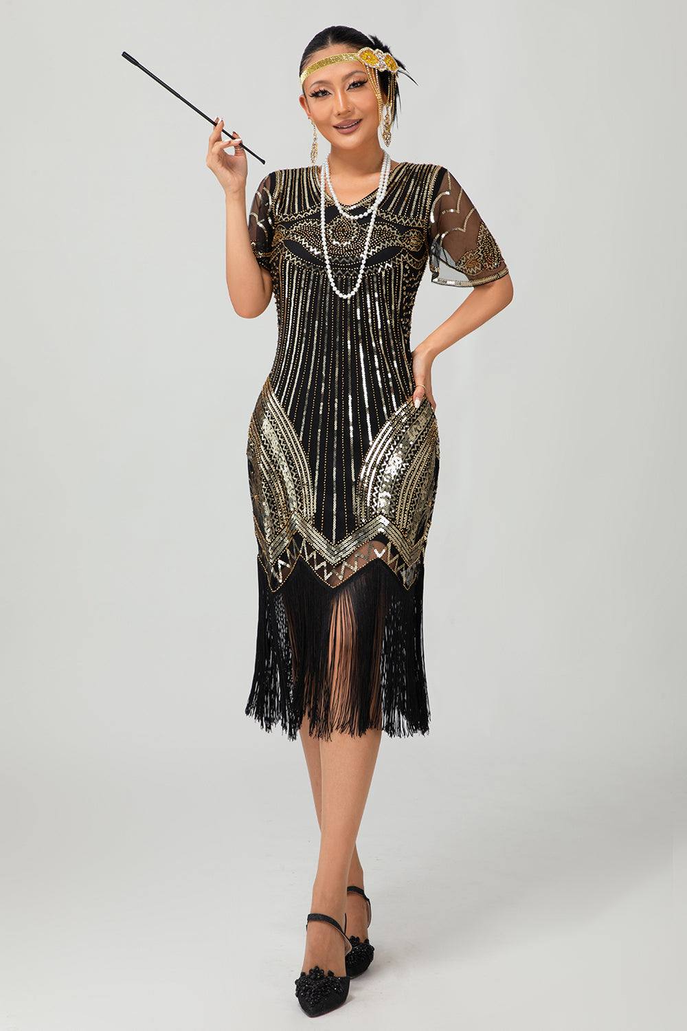 Sparkly Black Red Bodycon Fringed Sequins Gatsby Midi 1920s Dress