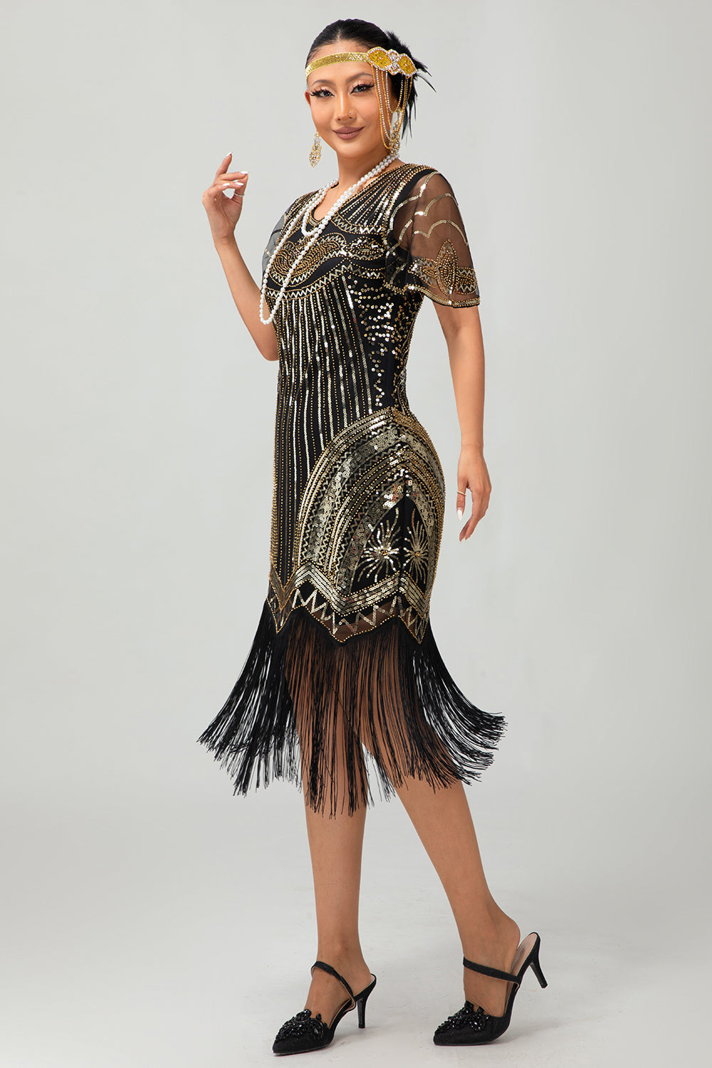 Sparkly Black Golden Sequins Bodycon Gatsby Midi 1920s Dress with Tassles