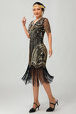 Sparkly Black Golden Sequins Bodycon Gatsby Midi 1920s Dress with Tassles
