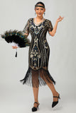 Sparkly Black Golden Sequins Bodycon 1920s Dress with 5-Piece Accessories Set