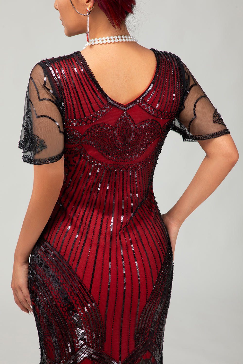 Sparkly Black Red Bodycon Fringed Sequins Gatsby Midi 1920s Dress