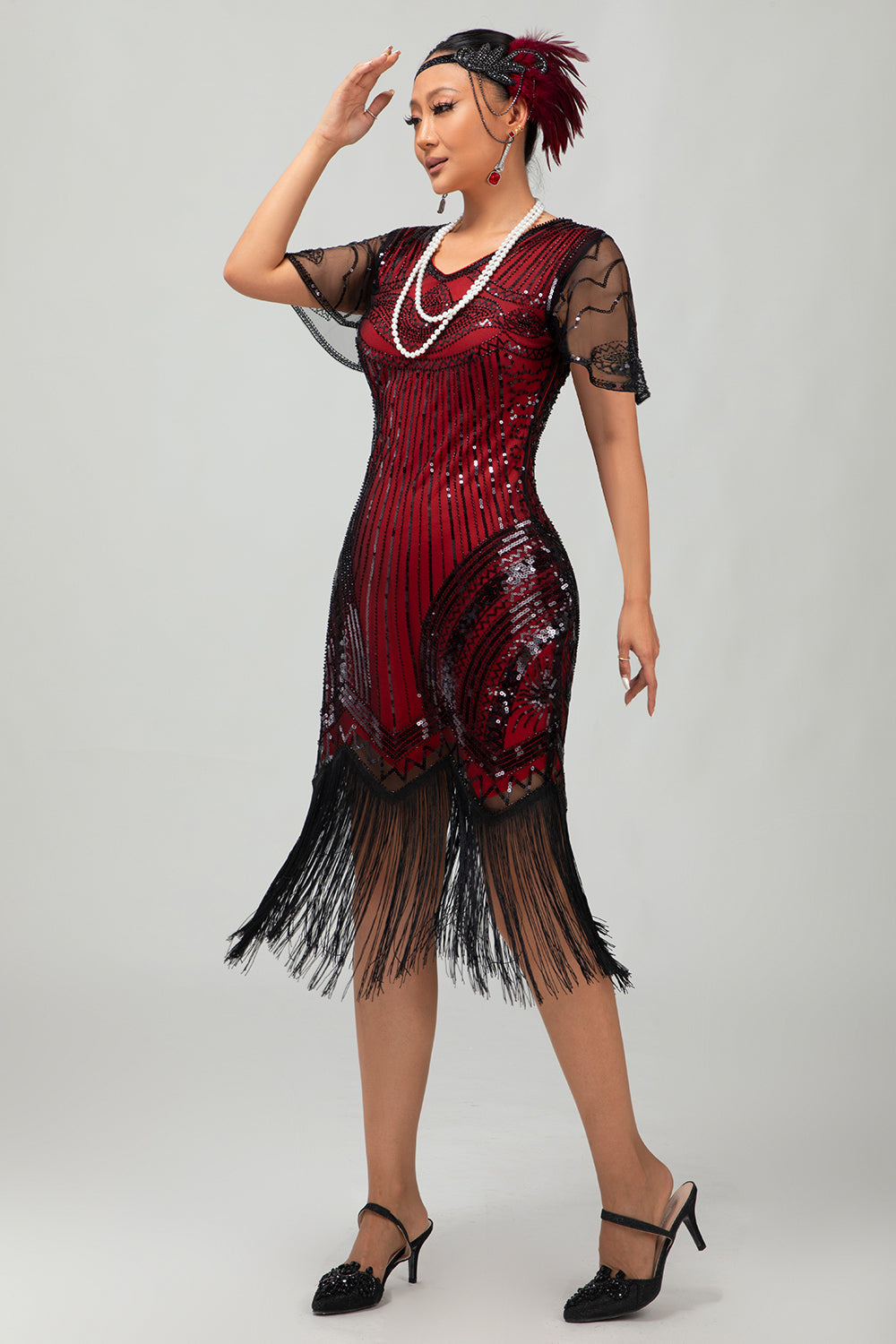 Sparkly Black Red Bodycon Fringed Sequins Gatsby Midi 1920s Dress