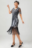 Sparkly Black Silver Sequins Bodycon Gatsby Midi 1920s Dress with Tassels