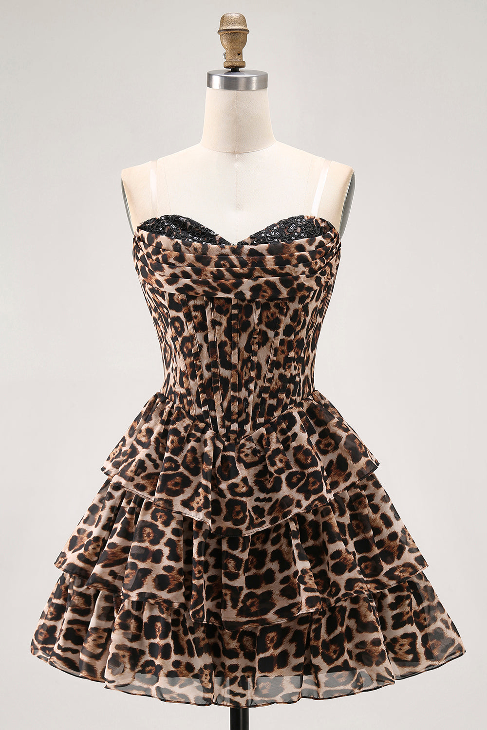 Brown Leopard A-Line Sweetheart Corset Tiered Ruffle Homecoming Dress
