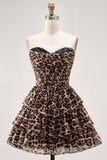 Brown Leopard A-Line Sweetheart Corset Tiered Ruffle Homecoming Dress