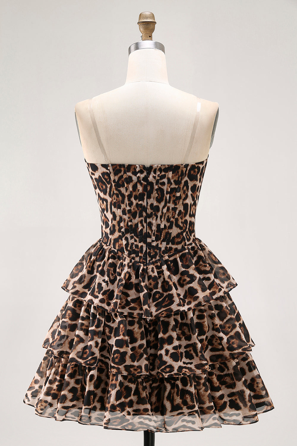 Brown Leopard A-Line Sweetheart Corset Tiered Ruffle Homecoming Dress