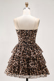Brown Leopard A-Line Sweetheart Corset Tiered Ruffle Homecoming Dress