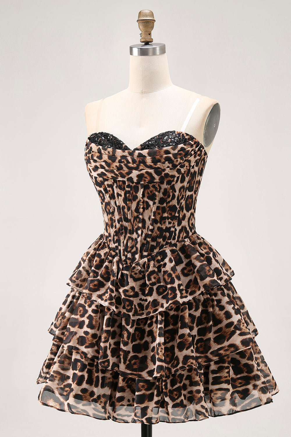 Brown Leopard A-Line Sweetheart Corset Tiered Ruffle Homecoming Dress