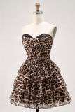 Brown Leopard A-Line Sweetheart Corset Tiered Ruffle Homecoming Dress