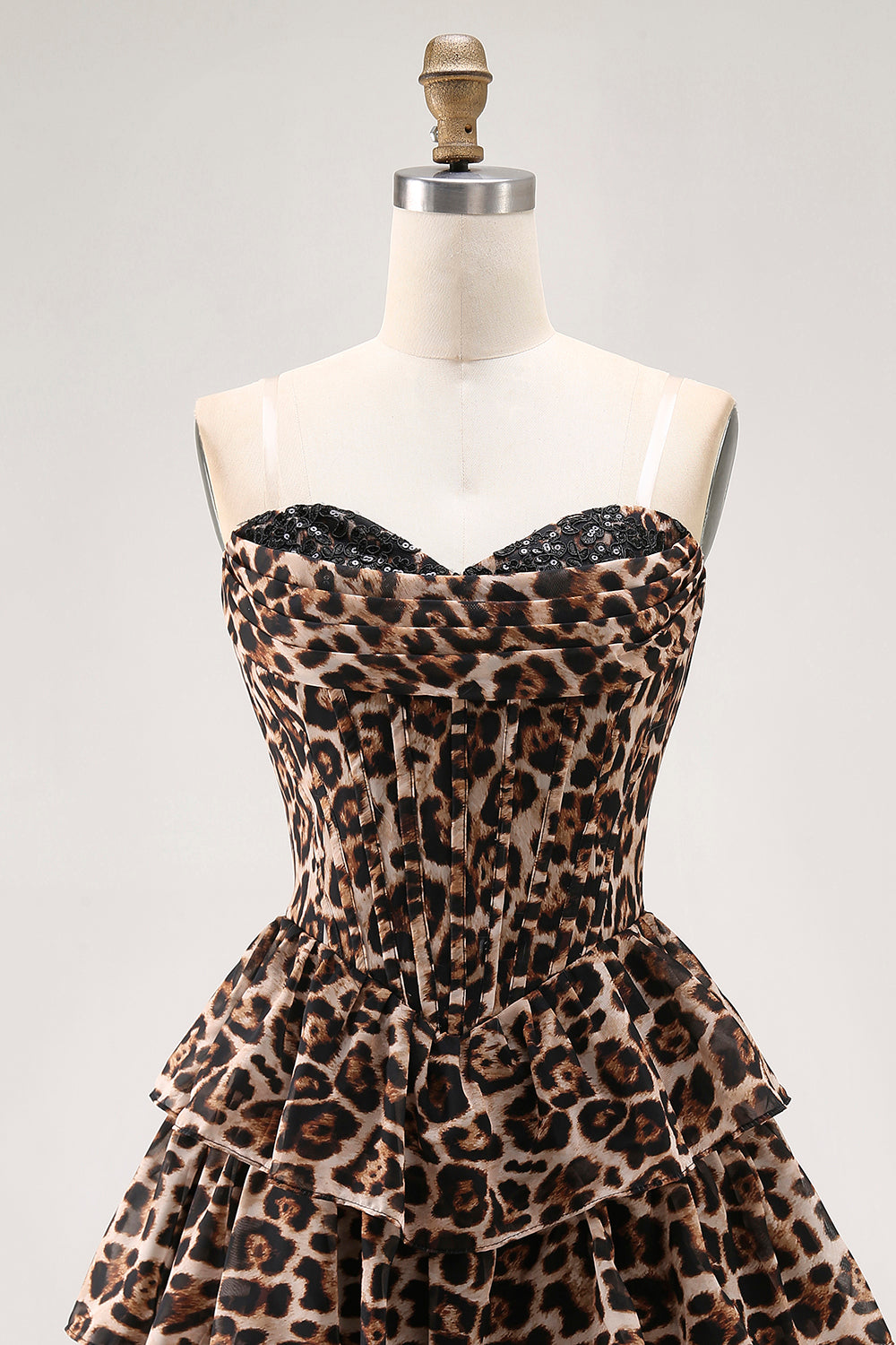 Brown Leopard A-Line Sweetheart Corset Tiered Ruffle Homecoming Dress