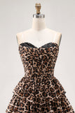 Brown Leopard A-Line Sweetheart Corset Tiered Ruffle Homecoming Dress