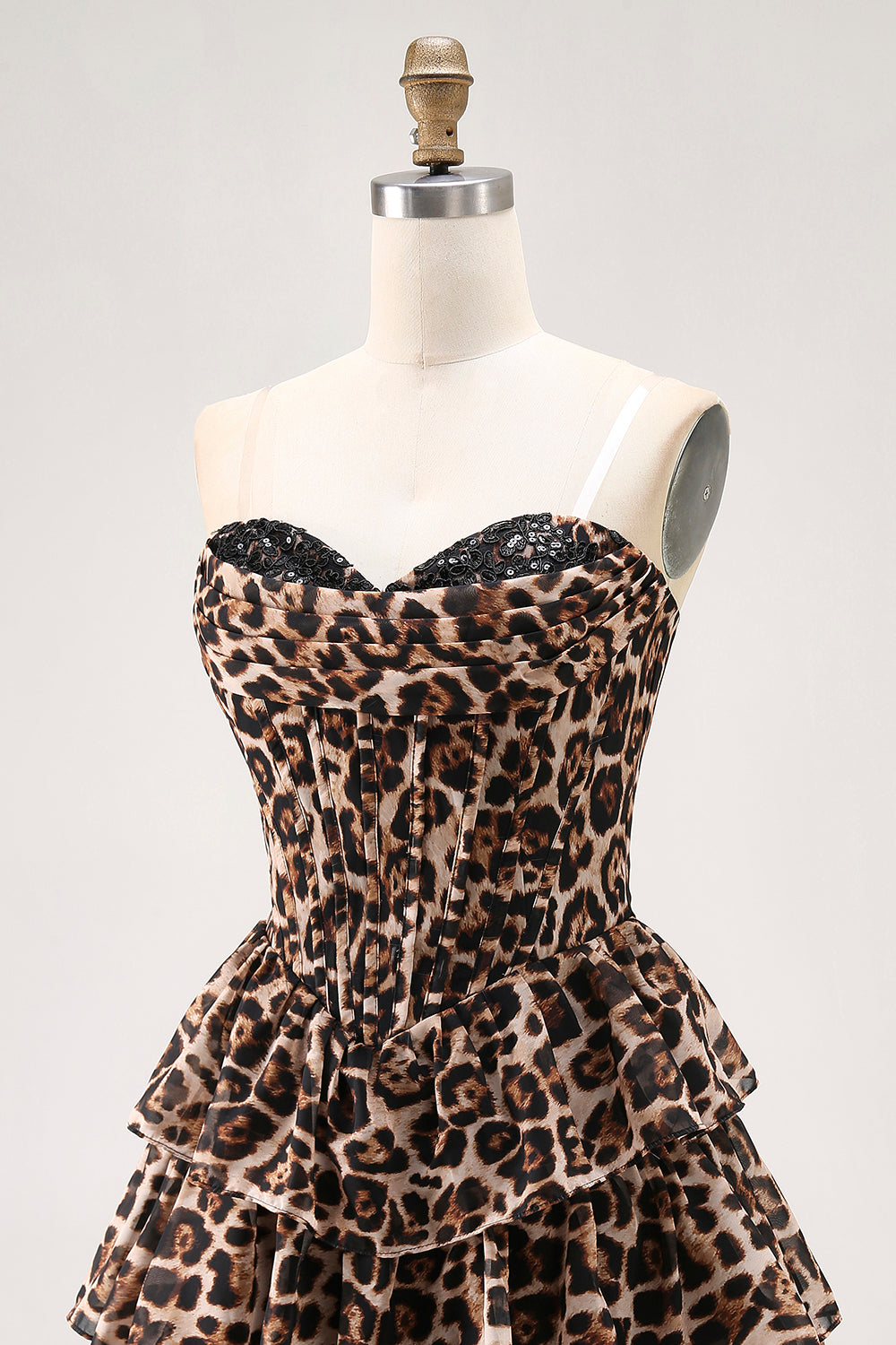 Brown Leopard A-Line Sweetheart Corset Tiered Ruffle Homecoming Dress