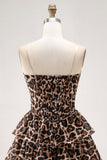 Brown Leopard A-Line Sweetheart Corset Tiered Ruffle Homecoming Dress