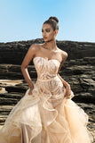 Sparkly Champagne Sweetheart Mermaid Ruffled Sequin Long Formal Dress