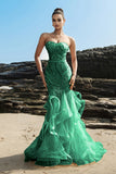 Sparkly Champagne Sweetheart Mermaid Ruffled Sequin Long Formal Dress