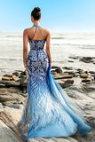 Sparkly Blue Mermaid Sequin Halter Long Formal Dress with Slit