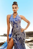 Sparkly Blue Mermaid Sequin Halter Long Formal Dress with Slit