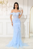 Off The Shoulder Light Blue Mermaid Ruffled Corset Long Formal Dress