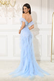Off The Shoulder Light Blue Mermaid Ruffled Corset Long Formal Dress