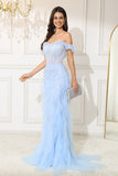Off The Shoulder Light Blue Mermaid Ruffled Corset Long Formal Dress
