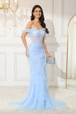 Off The Shoulder Light Blue Mermaid Ruffled Corset Long Formal Dress