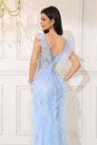 Off The Shoulder Light Blue Mermaid Ruffled Corset Long Formal Dress
