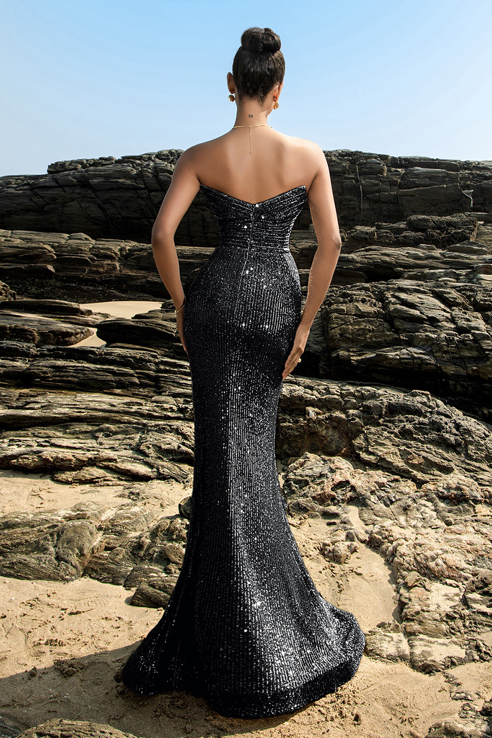 Sparkly Sweetheart Mermaid Black Sequin Long Formal Dress with Slit