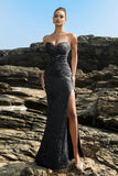 Sparkly Sweetheart Mermaid Black Sequin Long Formal Dress with Slit