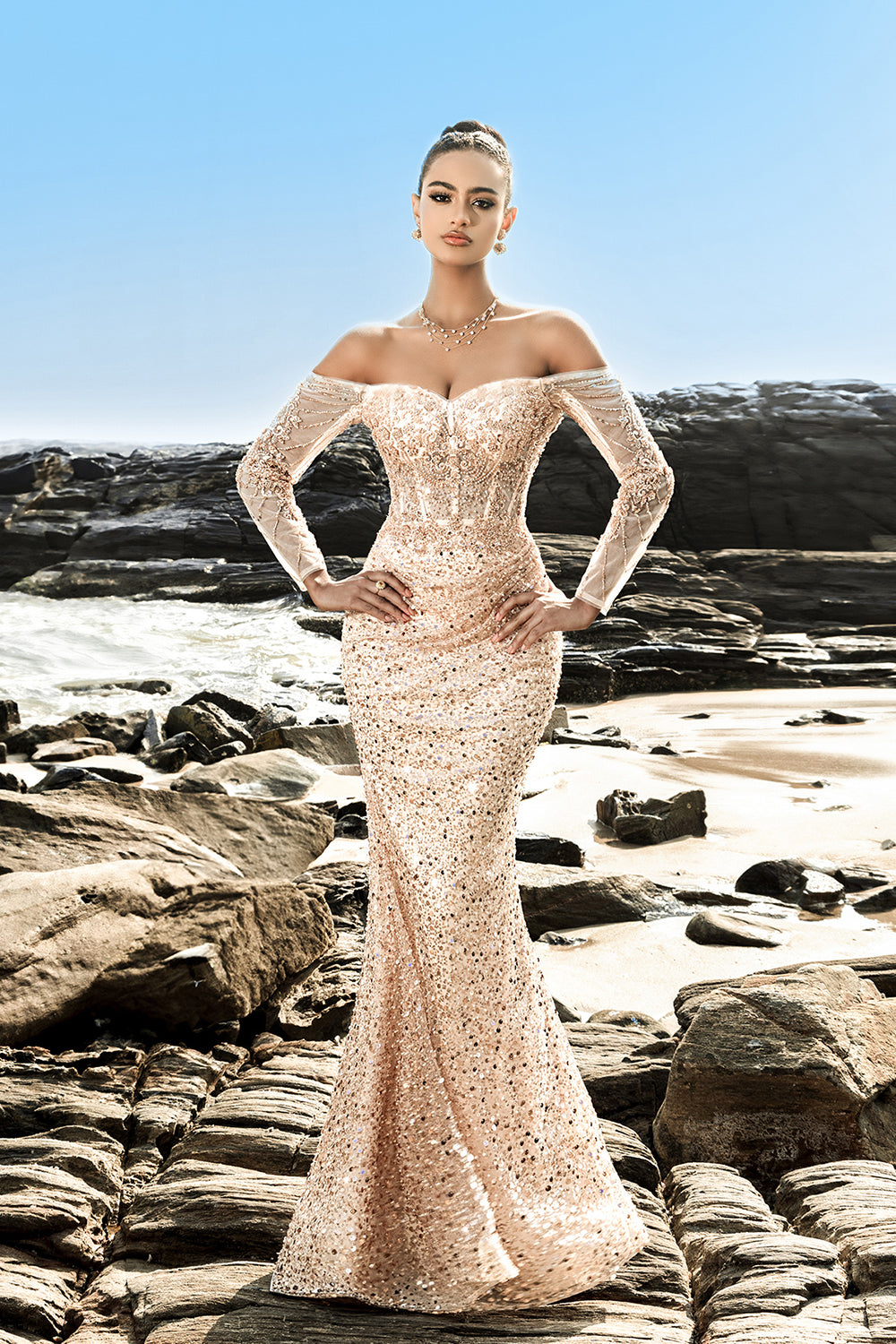 Sparkly Off The Shoulder Champagne Mermaid Beaded Corset Long Formal Dress