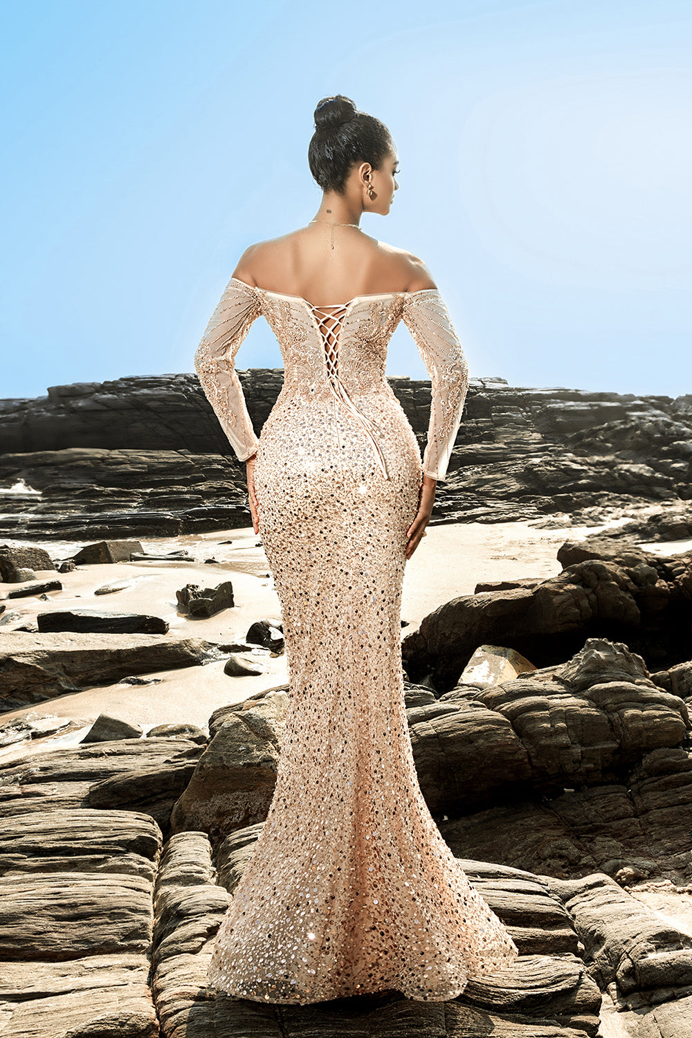 Sparkly Off The Shoulder Champagne Mermaid Beaded Corset Long Formal Dress