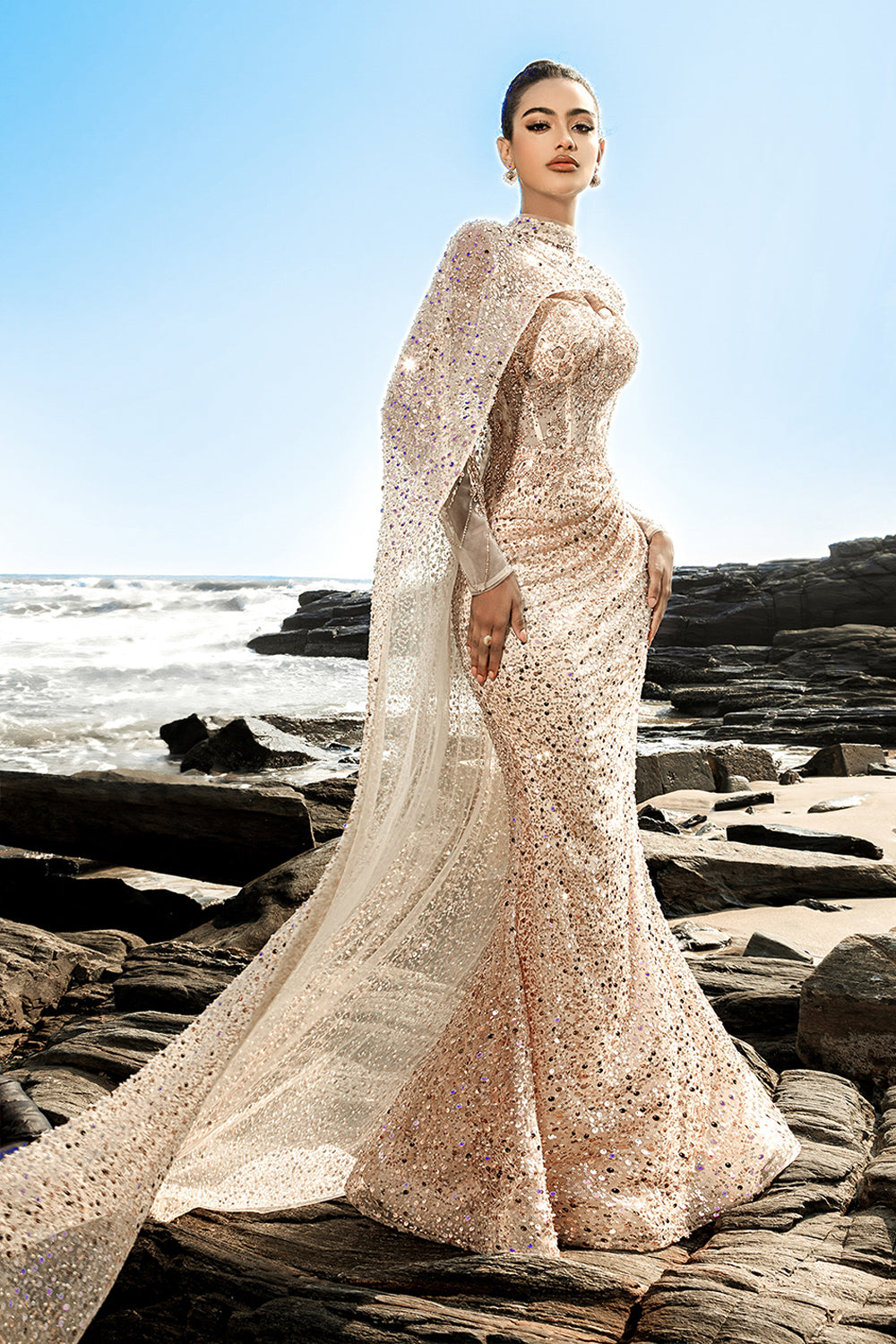 Sparkly Off The Shoulder Champagne Mermaid Beaded Corset Long Formal Dress