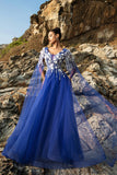 Sparkly Royal Blue Floral A Line Appliqued Tulle Long Formal Dress