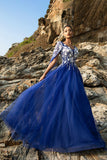Sparkly Royal Blue Floral A Line Appliqued Tulle Long Formal Dress