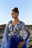 Sparkly Royal Blue Floral A Line Appliqued Tulle Long Formal Dress