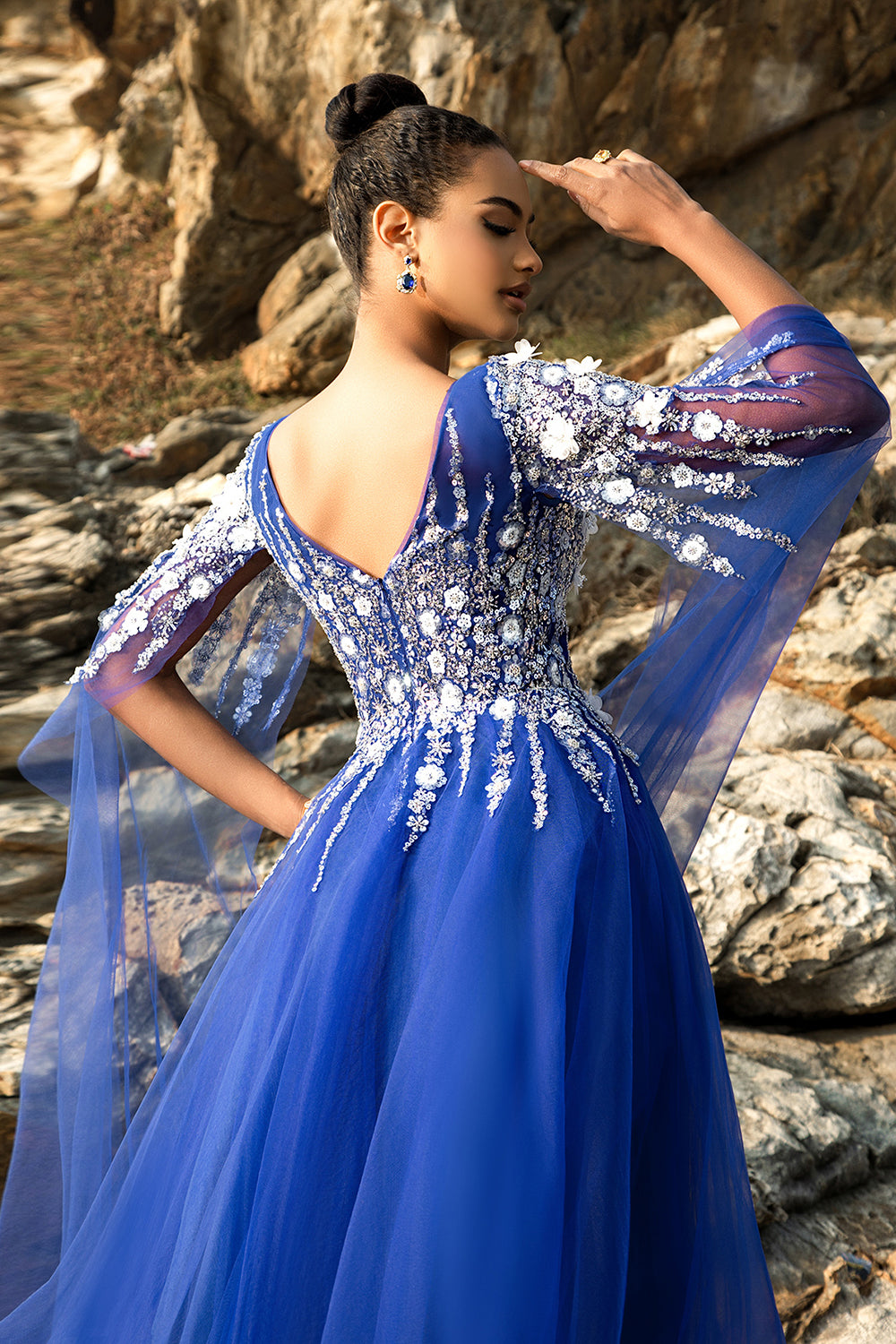 Sparkly Royal Blue Floral A Line Appliqued Tulle Long Formal Dress