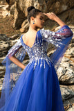 Sparkly Royal Blue Floral A Line Appliqued Tulle Long Formal Dress