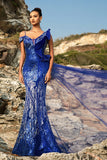Sparkly Royal Blue Ruffled Mermaid Long Formal Dress with Streamer