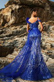 Sparkly Royal Blue Ruffled Mermaid Long Formal Dress with Streamer