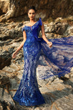 Sparkly Royal Blue Ruffled Mermaid Long Formal Dress with Streamer