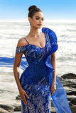 Sparkly Royal Blue Ruffled Mermaid Long Formal Dress with Streamer