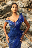Sparkly Royal Blue Ruffled Mermaid Long Formal Dress with Streamer