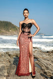 Sparkly Sweetheart Burgundy Corset Mermaid Long Formal Dress with Slit