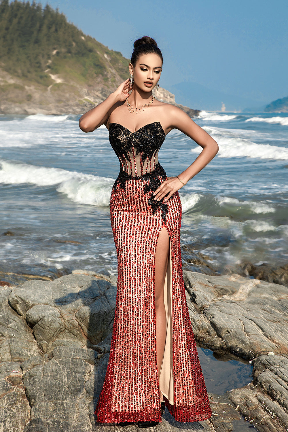Sparkly Sweetheart Burgundy Corset Mermaid Long Formal Dress with Slit