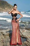 Sparkly Sweetheart Burgundy Corset Mermaid Long Formal Dress with Slit