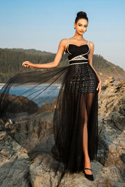 Sparkly Black Spaghetti Straps Tulle A Line Long Formal Dress