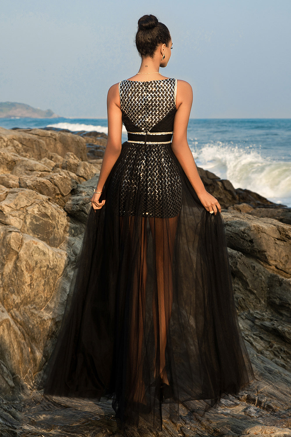 Sparkly Black Spaghetti Straps Tulle A Line Long Formal Dress