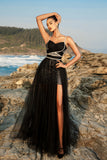 Sparkly Black Spaghetti Straps Tulle A Line Long Formal Dress